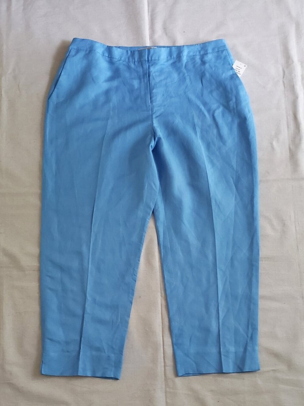 New Kasper Women 16W Blue Pants Linen Blend Front Zip Pockets Elastic Side Waist